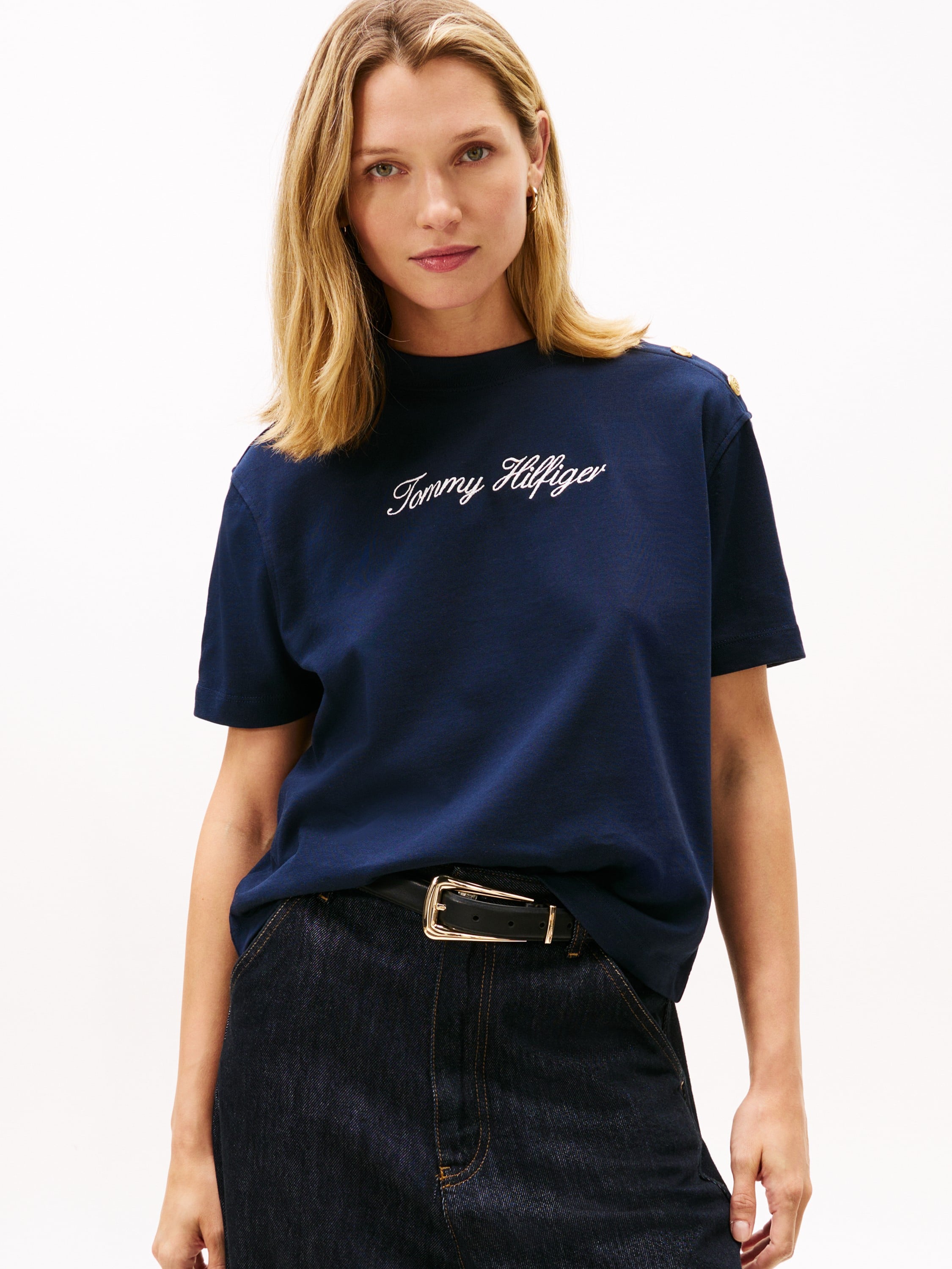 Goldtone Button Logo Embroidery Relaxed T-shirt - DKK 419 - Spar 30%