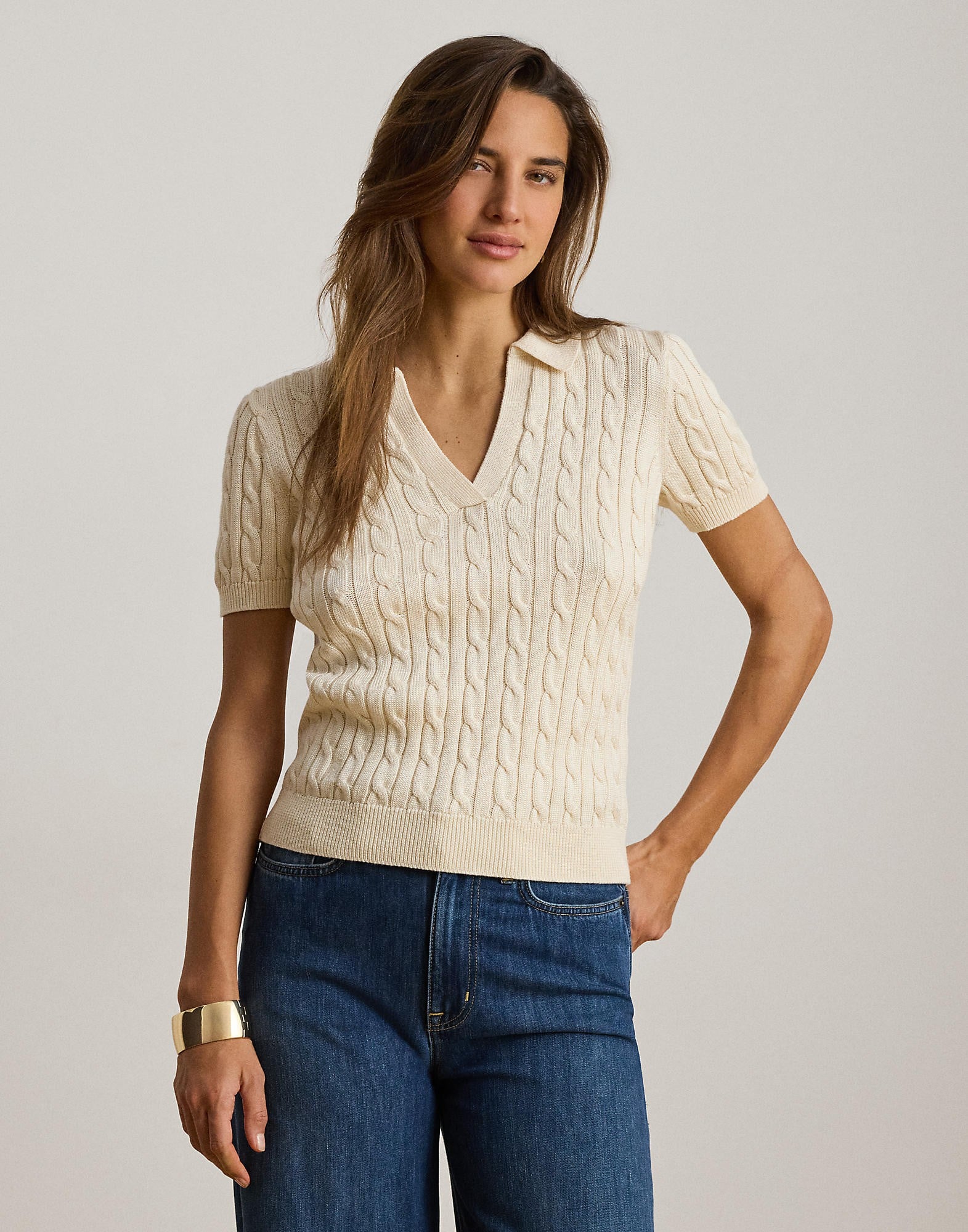 Cable Cottonblend Short-sleeve Sweater