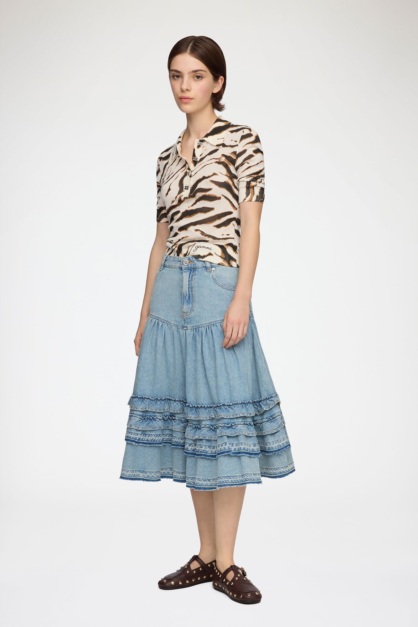 Lightweight Denim Frill Midi Skirt