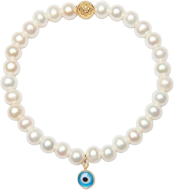 Women's Wristband With White Pearls and Blue Evil Eye Charm