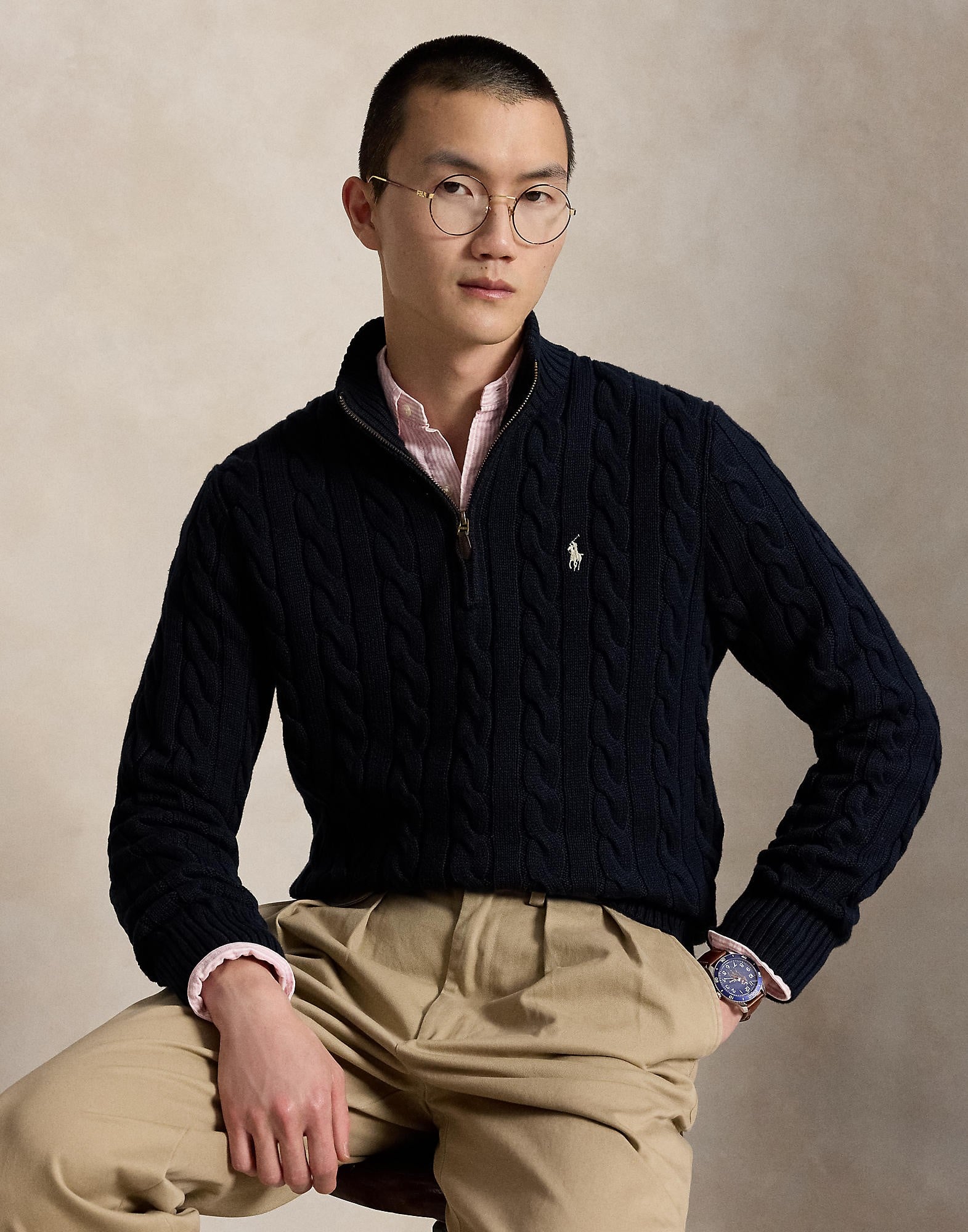 Cableknit Cotton Quarter-zip Sweater